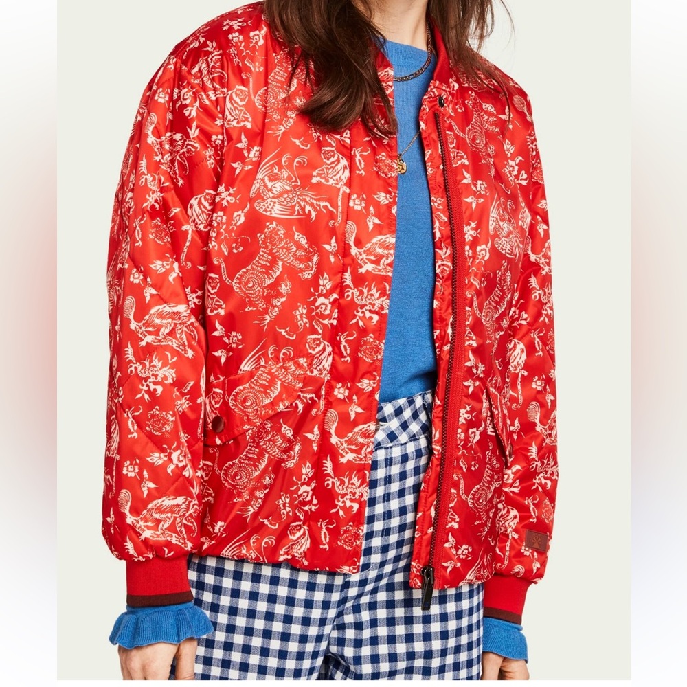 Red Printed Satin Bomber Jacket